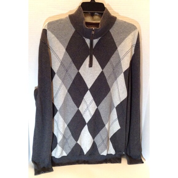 Tassa Elba Argyle Sweater Men L Gray 1/4 Zip Pullover Preppy Grandpa Winter Cozy - Picture 2 of 11